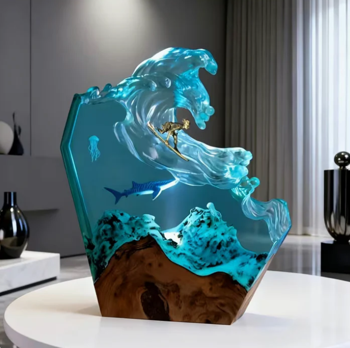 Wellen Surfer und Wal Harz Lampe